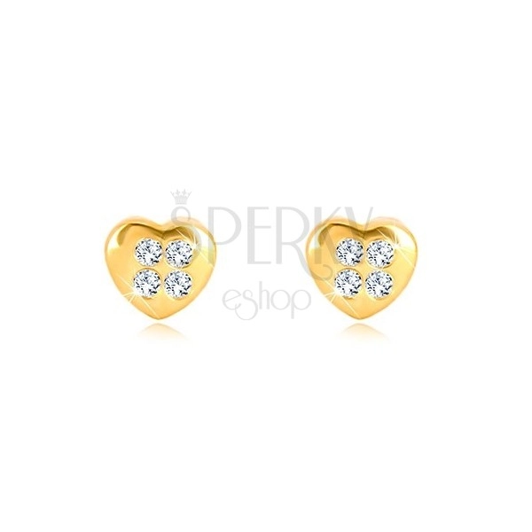 Yellow 9K gold earrings - symmetric heart with four zircons, studs