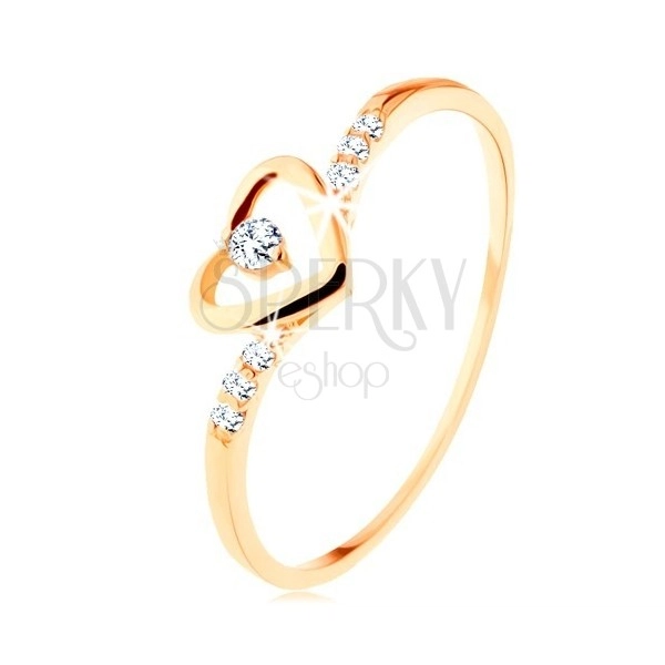 375 gold ring, heart-shaped contour with clear zircon, decorated shoulders