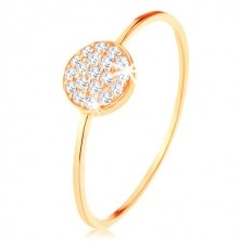 375 gold ring - thin glossy shoulders, circle inlaid with clear zircons