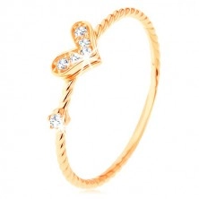 375 gold ring, spirally twisted shoulders, sparkly heart, zircon
