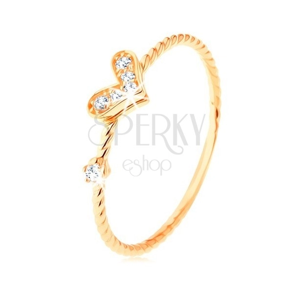 375 gold ring, spirally twisted shoulders, sparkly heart, zircon