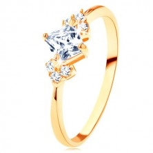Glossy 375 gold ring - clear zircon square, clear zircons on the sides