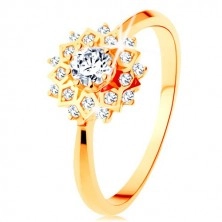 375 gold ring - lustrous sun decorated with round clear zircons