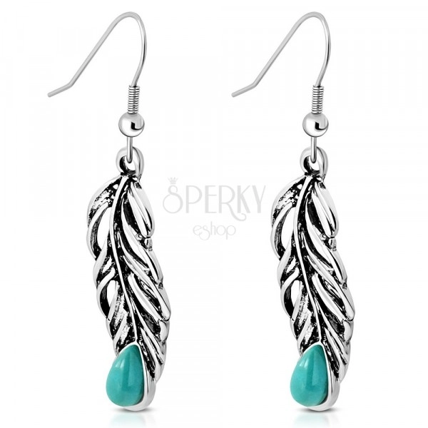 Hanging earrings of silver colour - peacock feather with turquoise stone