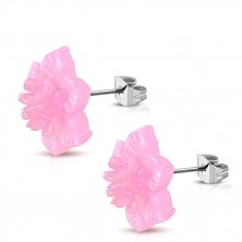 Steel earrings - resin flower of pink colour with rainbow reflections 