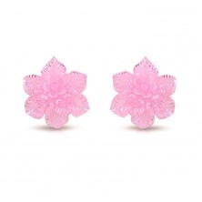 Steel earrings - resin flower of pink colour with rainbow reflections 