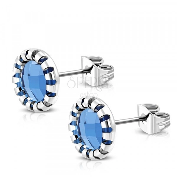 Stainless steel studs - carved flower, blue stone
