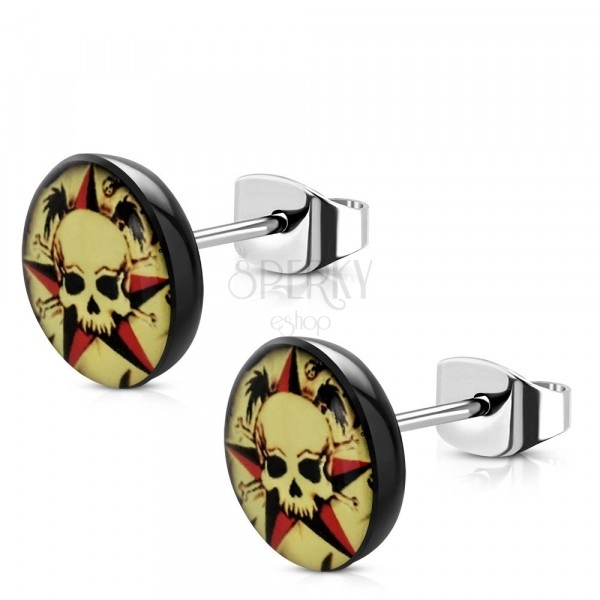 Steel earrings - black acrylic circle, skull and navy star