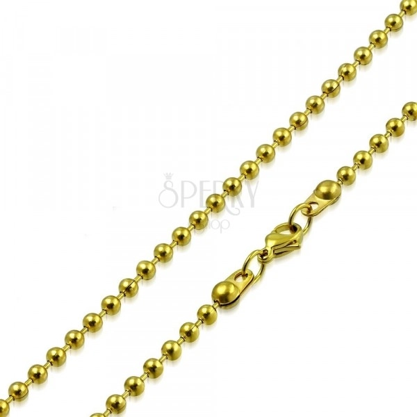 Steel chain of gold colour - balls seperated with short prongs, 2 mm