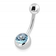 Steel belly piercing - glossy ball, ball and aquamarine zircon