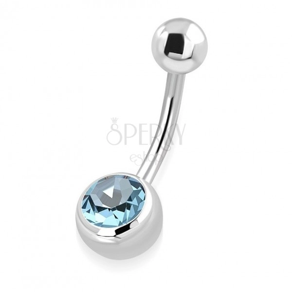 Steel belly piercing - glossy ball, ball and aquamarine zircon