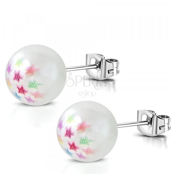 Steel earrings - synthetic pearl of white colour, coloured stars