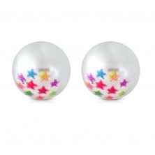Steel earrings - synthetic pearl of white colour, coloured stars