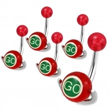 Steel belly piercing - red ball, roller with inscriptions "GO" and "STOP"