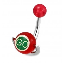 Steel belly piercing - red ball, roller with inscriptions "GO" and "STOP"