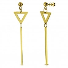 Dangling steel earrings of gold colour - ball, triangle and stick