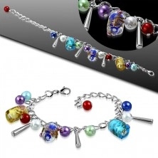Chain bracelet and pendants - artificial pearls, coloure beads with roses 