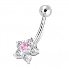 Steel belly piercing - ball, pink-clear zircon flower