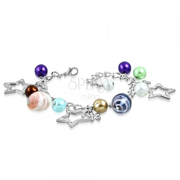 Bracelet - synthetic pearls, two-colour beads, contours of stars and flowers