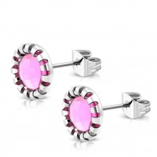 Steel studs - carved flower, stone of light pink colour