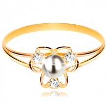 Yellow 9K gold ring - flower with three petals, white pearl and clear zircons