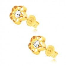 Yellow 585 gold earrings - flower with five petals and zircon, notches