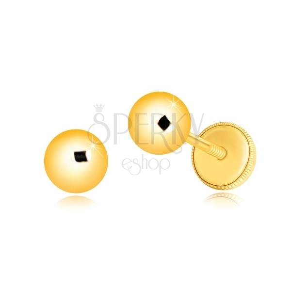 Yellow 585 gold earrings - simple glossy ball, screw back earrings, 5 mm