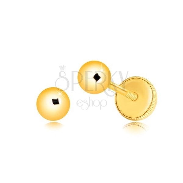 Yellow 14K gold earrings - ball with smooth glossy surface, screw back earrings, 4 mm