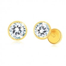 585 gold earrings - clear glittery zircons in round holder, screw back earrings, 5 mm