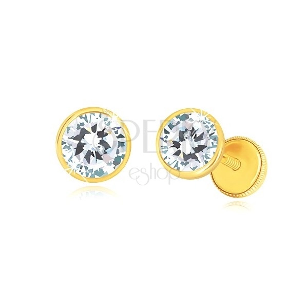 585 gold earrings - clear glittery zircons in round holder, screw back earrings, 5 mm