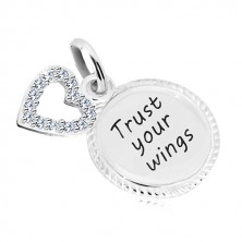 925 silver pendant - circle with inscription "Trust your wings", heart contour with zircons