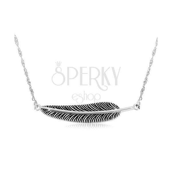 925 silver necklace - spiral chain and patinated feather