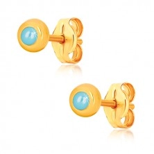 Yellow 9K gold earrings - glossy round holder with synthetic turquoise