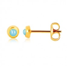 Yellow 9K gold earrings - glossy round holder with synthetic turquoise