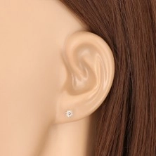 Yellow 9K gold earrings - clear round zircon in triangle mount