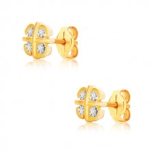 Yellow 9K gold earrings - flower with crossed lines and arches, zircons