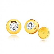 Yello 14K gold earrings - glossy circle with clear round zircon, screw back earrings