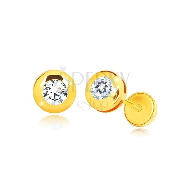 Yello 14K gold earrings - glossy circle with clear round zircon, screw back earrings