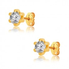 Yellow 375 gold earrings - glittery zircon of clear colour gripped with six sticks, 5 mm