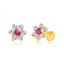 585 yellow gold earrings - zircon flower, pink-red center, screw back earrings