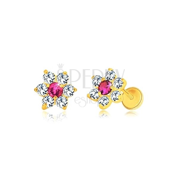 585 yellow gold earrings - zircon flower, pink-red center, screw back earrings