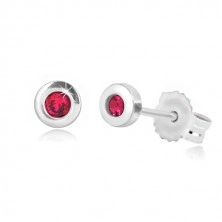 9K white gold earrings - circle with natural ruby in the center, 3,5 mm