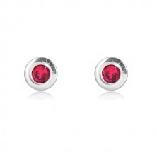 9K white gold earrings - circle with natural ruby in the center, 3,5 mm