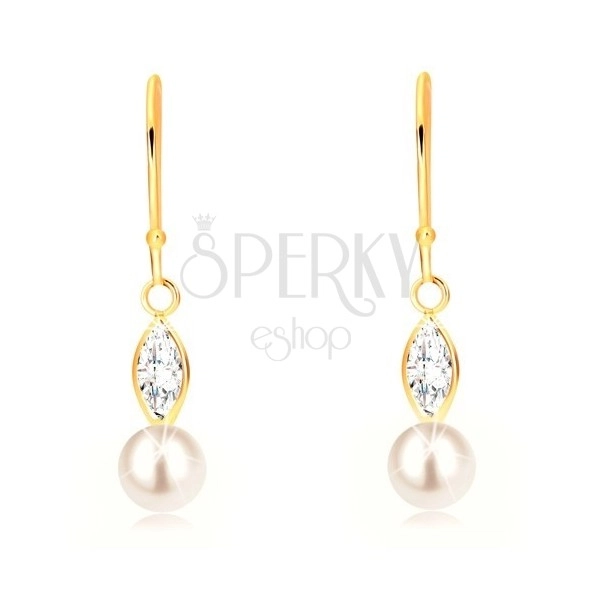 9K yellow gold hanging earrings - glittery grain zircon, white pearl