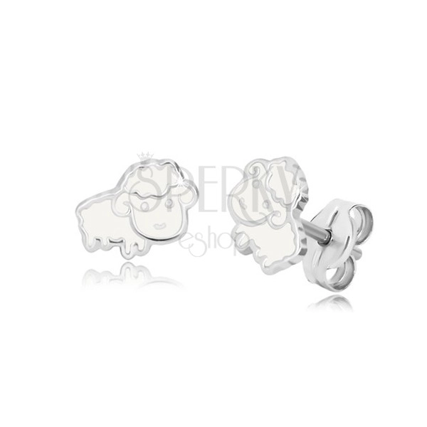 Studs with animal motif - white sheep with glaze, 925 silver