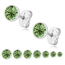 925 silver earrings - glittery zircon of light green colour, round holder
