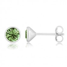925 silver earrings - glittery zircon of light green colour, round holder