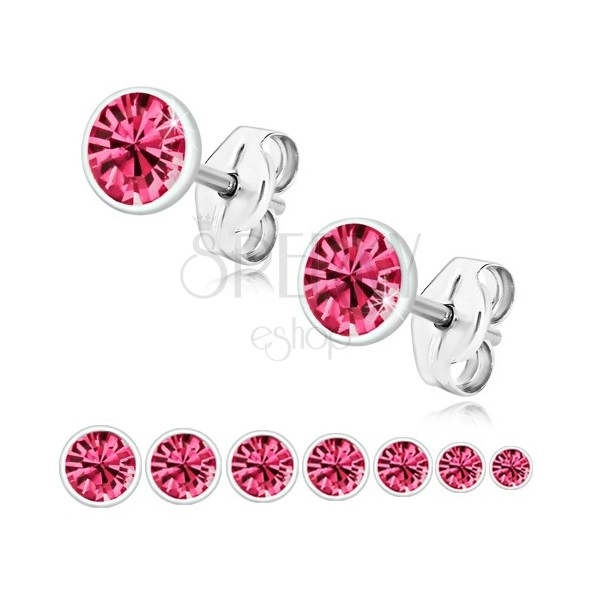 925 silver earrings - glittery zircon of pink colour in round holder