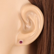 925 silver earrings - glittery zircon of pink colour in round holder