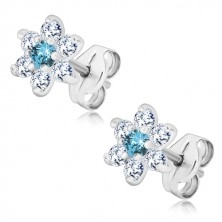 925 silver earrings - glittery zircon flower, clear-sky blue, studs